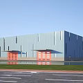 Modern Industrial Factory Building With Metal Siding Red Doors And Green Lawn