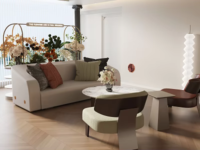 Modern Casual Sofa Set With Decorative Pillows Round Coffee Table Accent Chairs And Green Plants 3d model