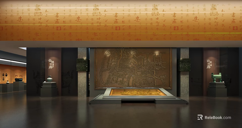 Traditional Interior With Ancient Calligraphy Carved Mural Stone Pillars And Display Platform 3d model 