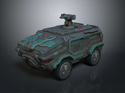 Futuristic Armored Military Vehicle With Top Mounted Turret Green Camouflage Large Wheels 3d model