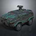 Futuristic Armored Military Vehicle With Top Mounted Turret Green Camouflage Large Wheels