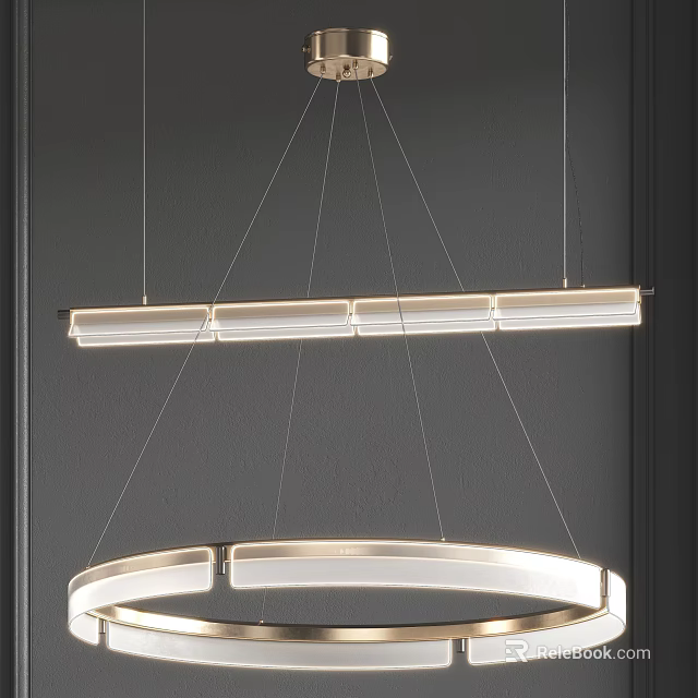 Modern Minimalist Chandelier With Linear And Circular Illuminated Elements Hanging On Thin Wires 3d model 