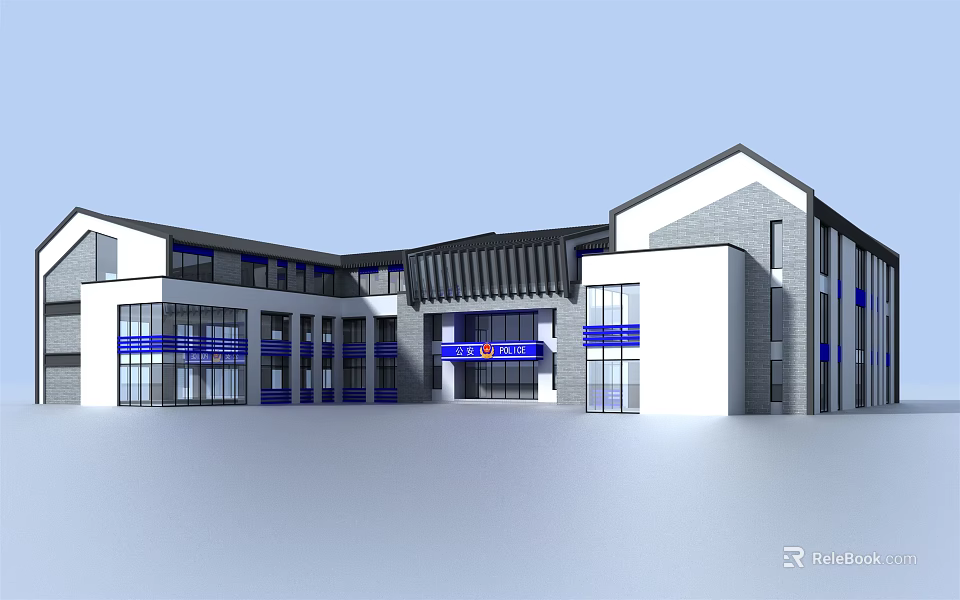 Modern Public Building Exterior With White Facade Gray Roof Glass Windows And Blue Signage 3d model 