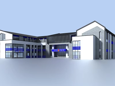Modern Public Building Exterior With White Facade Gray Roof Glass Windows And Blue Signage 3d model