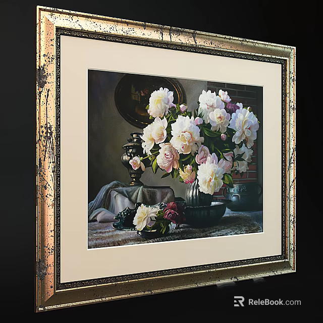 Elegant Flower Painting With White And Pink Peonies In Black Vase And Golden Frame 3d model 