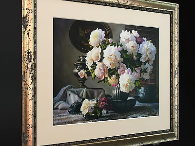 Elegant Flower Painting With White And Pink Peonies In Black Vase And Golden Frame 3d model