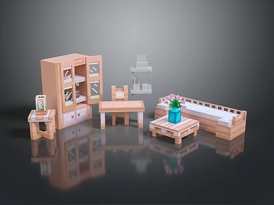 Green Plant On Small Table In 3D Rendered Furniture Set With Bookshelf Desk And Sofa 3d model