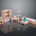 Green Plant On Small Table In 3D Rendered Furniture Set With Bookshelf Desk And Sofa