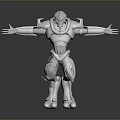 Game Movie Character Robot with Metallic Armor Mechanical Structure Standing Pose on Reflective Surface