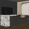Modern Dining Table With Marble Countertop And Woven Chairs By Dark Cabinets With Flowers