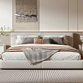 Modern Minimalist Bedroom Double Bed With Textured Wall Art Nightstands And Throw Blanket