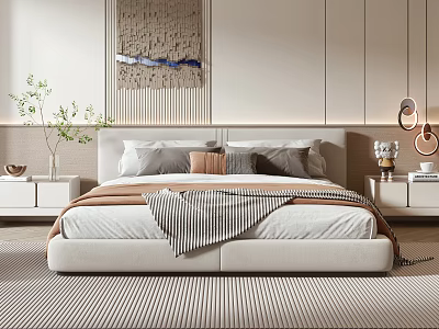Modern Minimalist Bedroom Double Bed With Textured Wall Art Nightstands And Throw Blanket 3d model