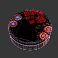 Black Round Household Storage Container With Vibrant Red Patterns Decorative Stickers And Logos