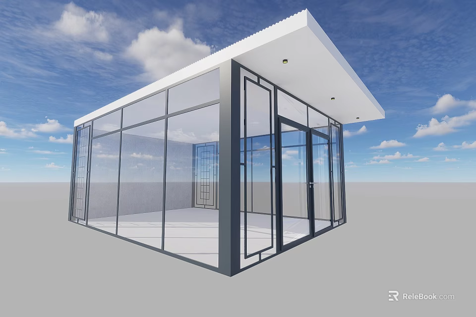 Modern Glass Building Structure With White Roof And Transparent Walls Under Blue Sky 3d model 