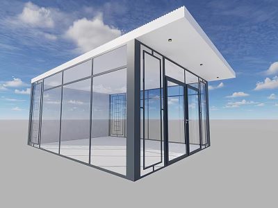 Modern Glass Building Structure With White Roof And Transparent Walls Under Blue Sky 3d model