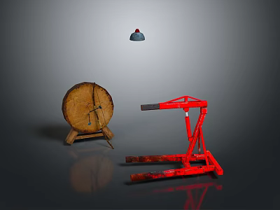 Red Forklift and Wooden Barrel on Stand with Hanging Blue Lamp 3d model