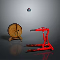 Red Forklift and Wooden Barrel on Stand with Hanging Blue Lamp
