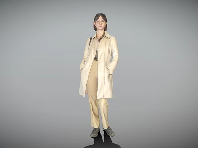 Woman In Beige Trench Coat And Khaki Trousers Standing With Hands In Pockets 3d model
