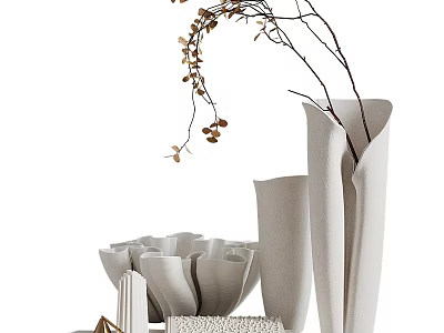 Minimalist White Vases With Slim Branches And Leaves For Modern Home Decor 3d model
