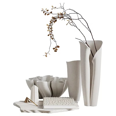 Minimalist White Vases With Slim Branches And Leaves For Modern Home Decor 3d model