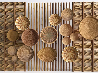 Rustic Natural Woven Background Wall Adorned With Various Round Woven Baskets And Plates 3d model
