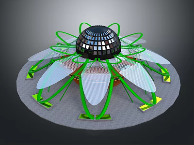 Flower Shaped Outdoor Art Installation With Green Stems White Petals And Black Spherical Top 3d model