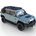 Light Blue Off-Road SUV With Roof Rack Black Wheels And Front Design