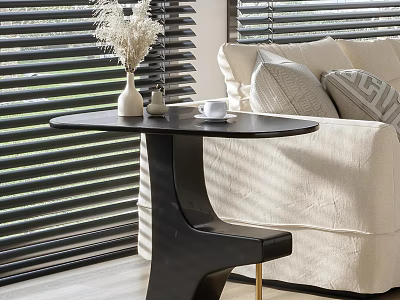 Modern Black Side Table With Vase And Cup By Beige Sofa Window Blinds 3d model