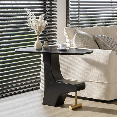 Modern Black Side Table With Vase And Cup By Beige Sofa Window Blinds 3d model