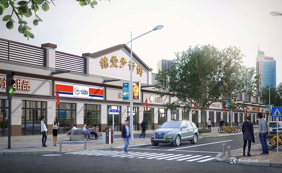 Commercial Plaza Storefront Architectural Design Featuring Signage Trees Pedestrians And Street Vehicles 3d model 