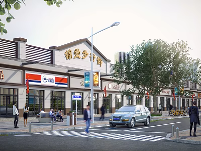 Commercial Plaza Storefront Architectural Design Featuring Signage Trees Pedestrians And Street Vehicles 3d model