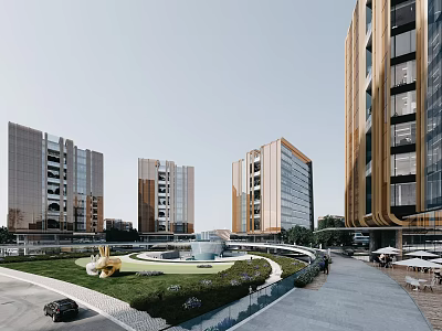 Modern Office Building Complex With Multiple Structures Green Lawn Fountain And Outdoor Seating 3d model