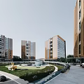 Modern Office Building Complex With Multiple Structures Green Lawn Fountain And Outdoor Seating
