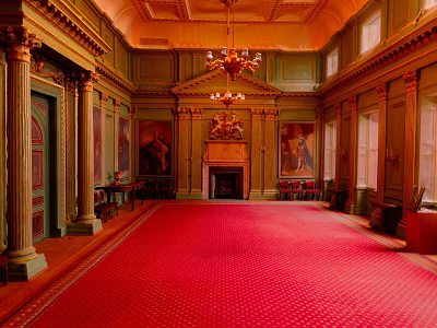 Luxurious Grand Hall Interior With Red Carpet Golden Columns Chandelier Fireplace And Paintings 3d model