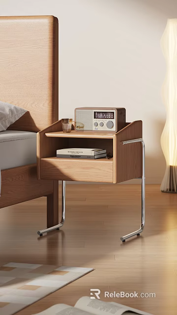 Wooden Bedside Table with Radio Glass and Books in Drawer and Metal Legs 3d model 