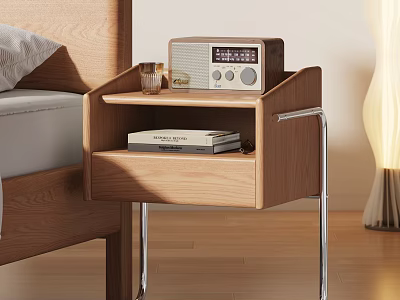 Wooden Bedside Table with Radio Glass and Books in Drawer and Metal Legs 3d model