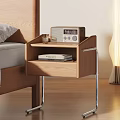 Wooden Bedside Table with Radio Glass and Books in Drawer and Metal Legs