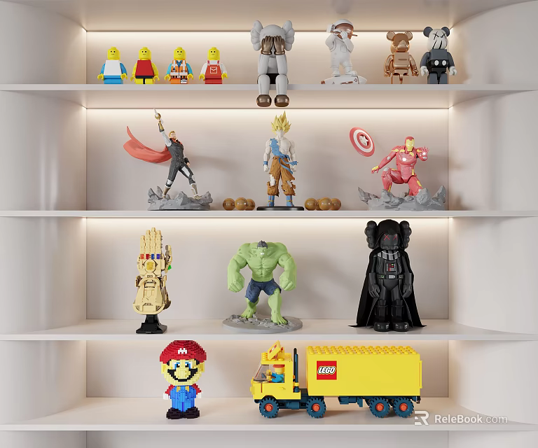 Assorted Toy Dolls Including Superhero Cartoon And LEGO Characters On Display Shelves 3d model 