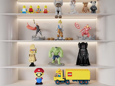 Assorted Toy Dolls Including Superhero Cartoon And LEGO Characters On Display Shelves 3d model