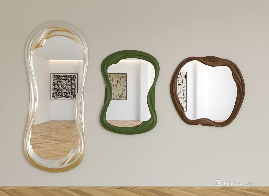 Three Gold Green and Brown Framed Irregular Shaped Mirrors Hanging on Light Colored Wall 3d model 