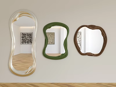 Three Gold Green and Brown Framed Irregular Shaped Mirrors Hanging on Light Colored Wall 3d model