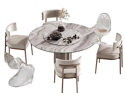 Modern Elegant Dining Table Interior Design with Marble Tabletop and Transparent White Chairs 3d model