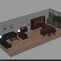 Modern Office Interior With Sofa Coffee Table Desk Chair Bookcase Green Plant And Glass Partition