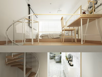 Apartment Interior Design With Spiral Staircase Open Plan Wooden Desk Chair Sofa And Green Plants Decor 3d model
