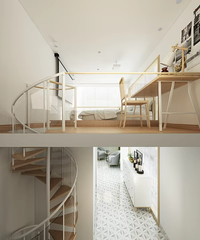 Apartment Interior Design With Spiral Staircase Open Plan Wooden Desk Chair Sofa And Green Plants Decor 3d model