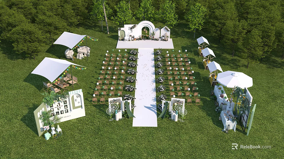 Scenic Outdoor Wedding Venue With Green Grass Trees White Aisle Arranged Chairs And White Canopies 3d model 