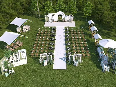 Scenic Outdoor Wedding Venue With Green Grass Trees White Aisle Arranged Chairs And White Canopies 3d model
