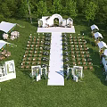 Scenic Outdoor Wedding Venue With Green Grass Trees White Aisle Arranged Chairs And White Canopies