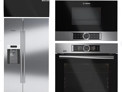 High End Modern Kitchen Appliances Including Stainless Steel Refrigerator Microwave And Oven 3d model