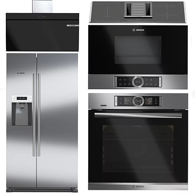 High End Modern Kitchen Appliances Including Stainless Steel Refrigerator Microwave And Oven 3d model